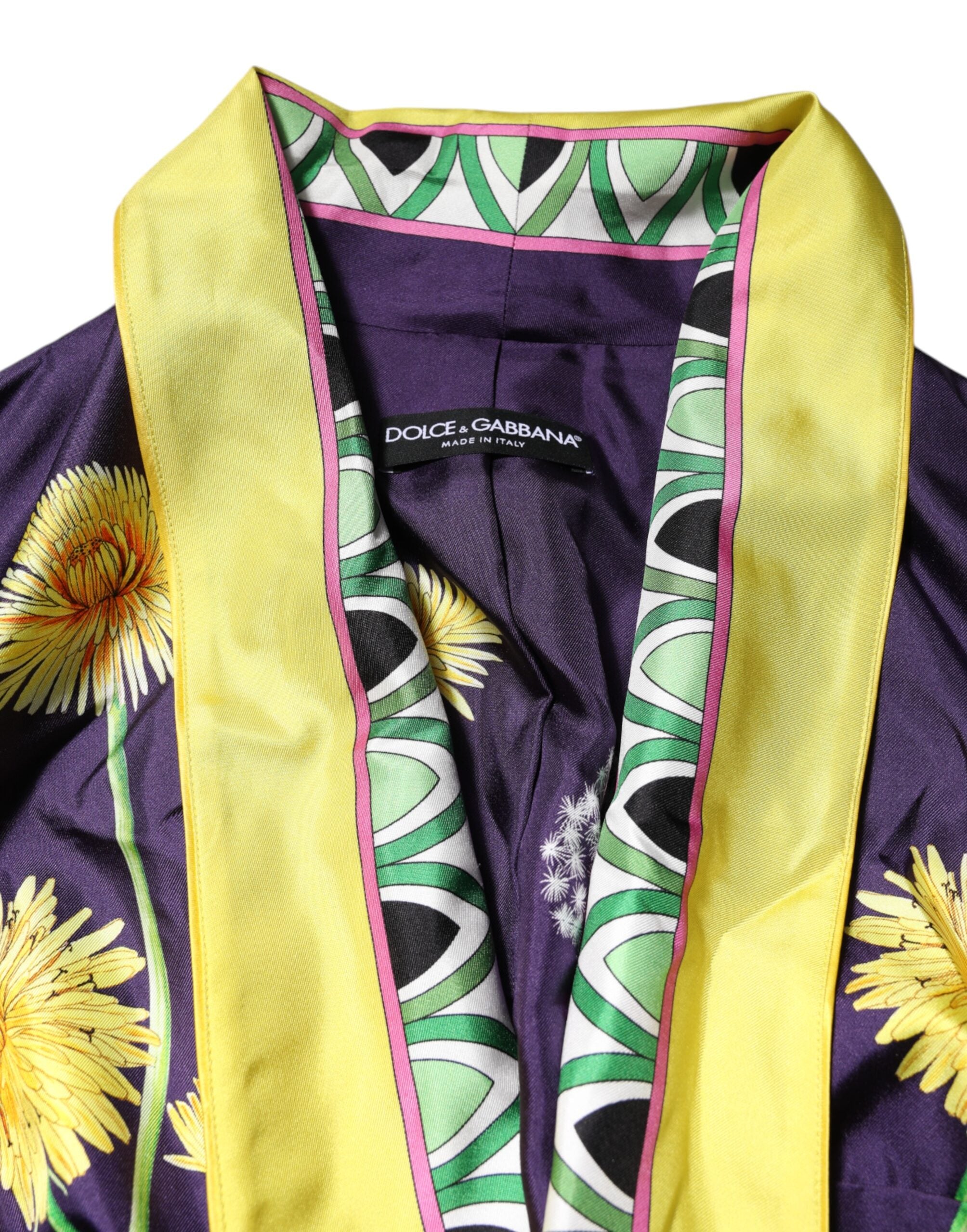Pre-Owned Dolce & Gabbana Blue Floral Print Silk Long Sleeves Wrap Robe