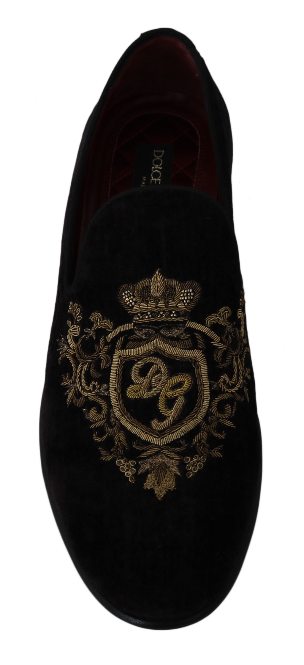 Dolce & Gabbana Loafers Black Velvet Gold Crown