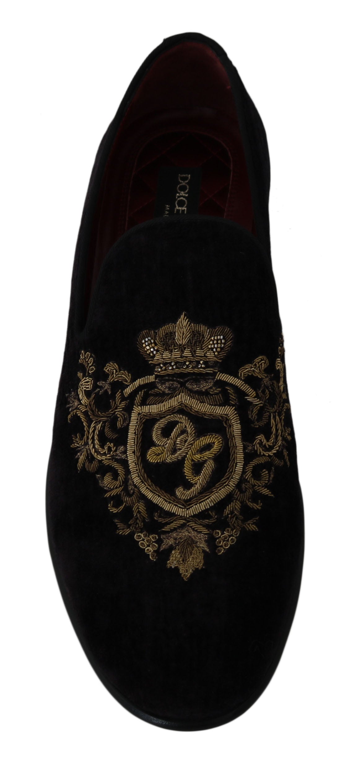 Dolce & Gabbana Loafers Black Velvet Gold Crown
