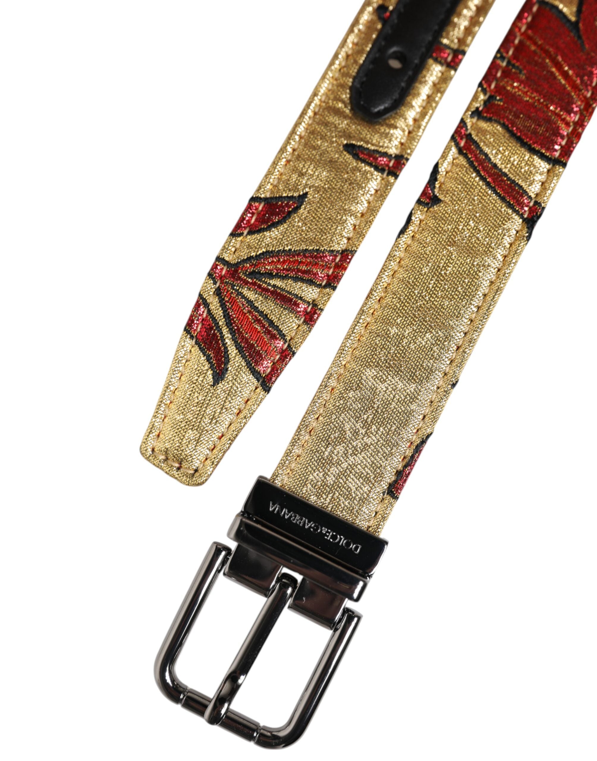 Dolce & Gabbana Gold Floral Jacquard Silver Metal Buckle Belt