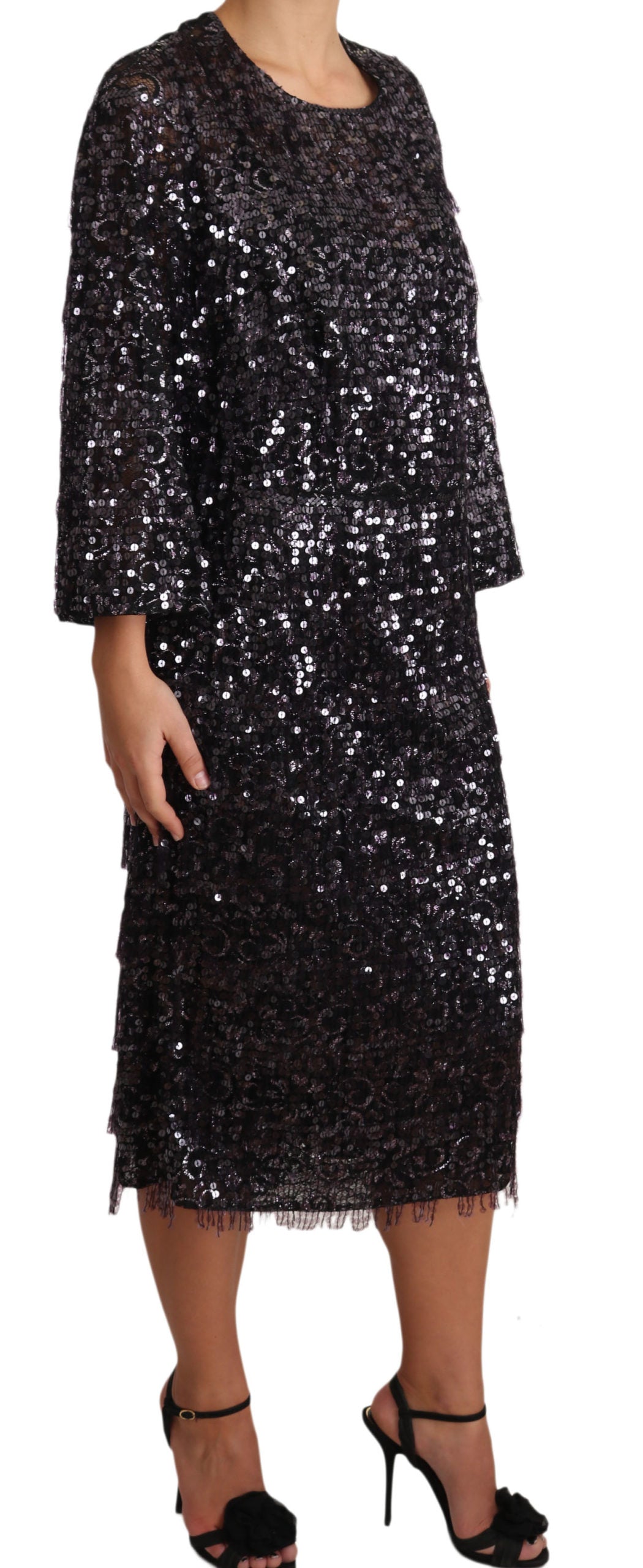 Dolce & Gabbana Black Sequined Long Sleeve Shift Midi Dress - PreLoved & Luxe