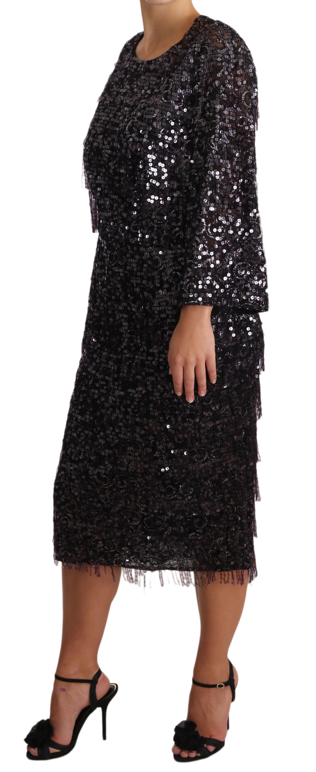 Dolce & Gabbana Black Sequined Long Sleeve Shift Midi Dress - PreLoved & Luxe