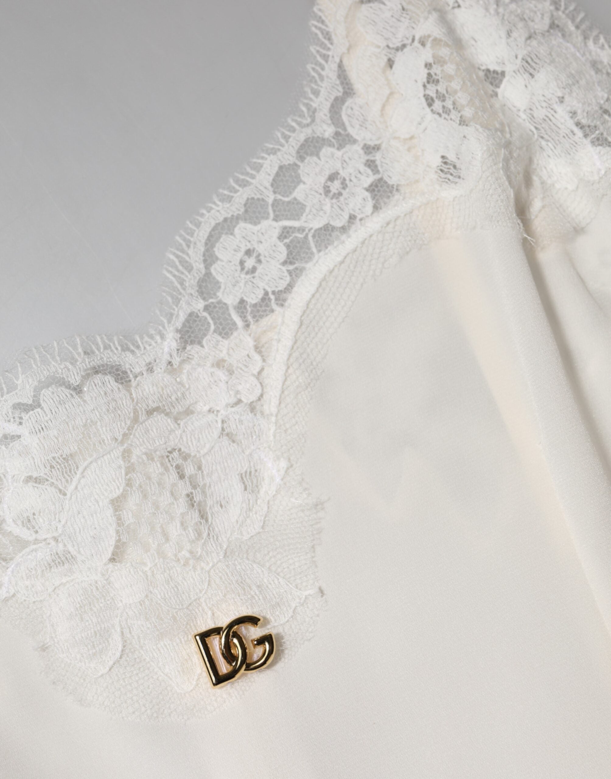 Dolce & Gabbana White Lace Gold DG Logo Silk Dress Sleepwear