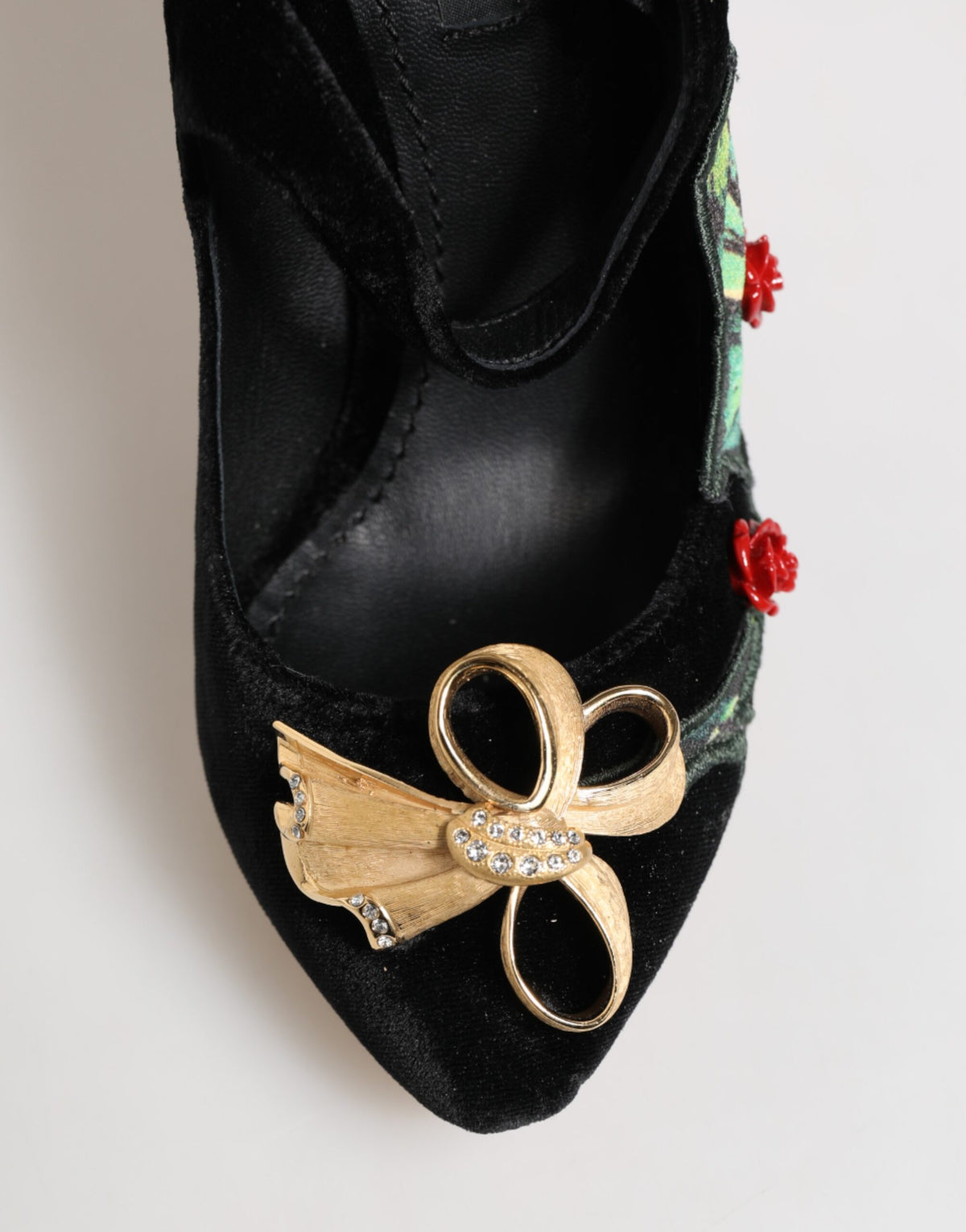 New Dolce & Gabbana Black Roses Crystal Brooch Mary Jane Shoes