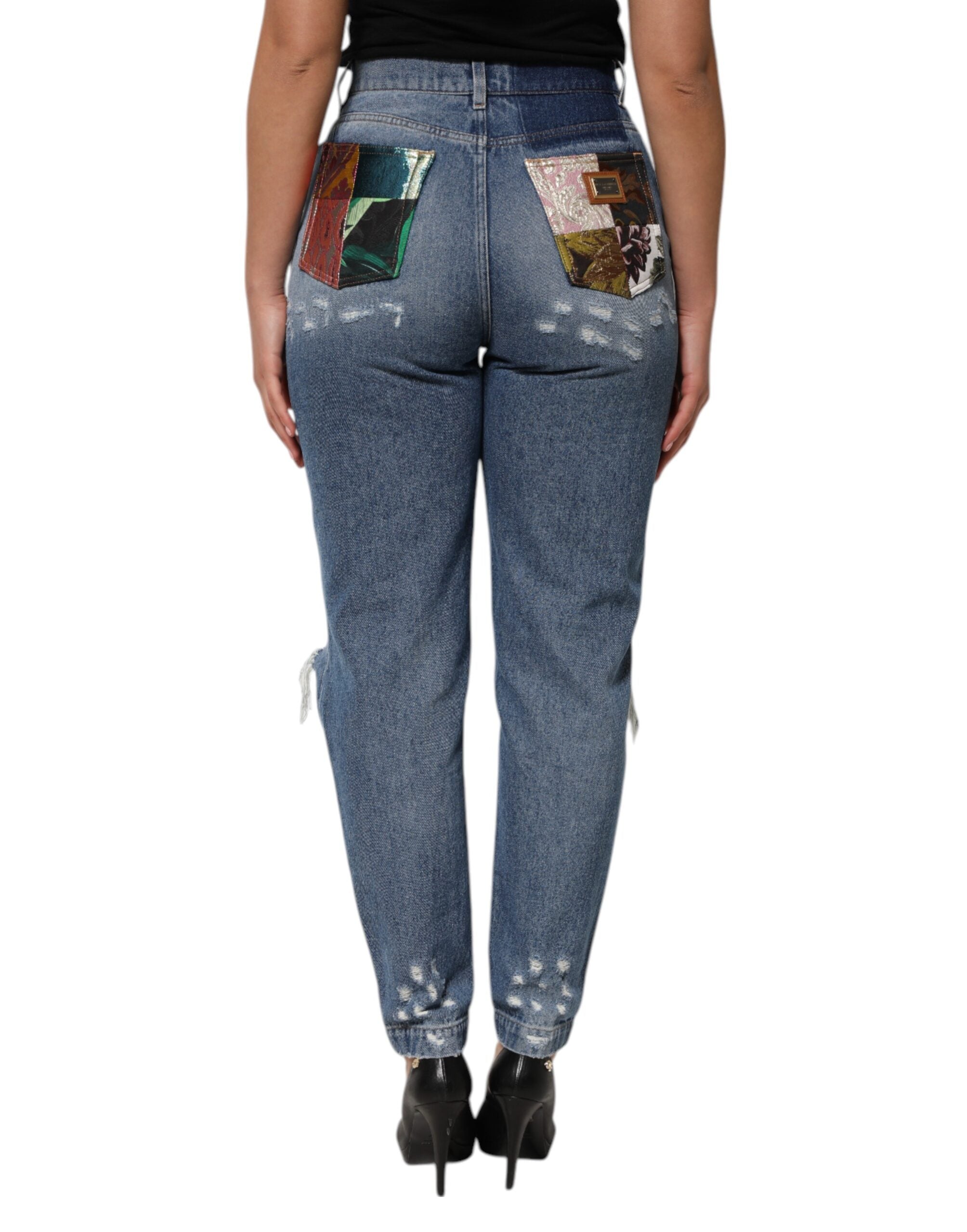 Pre-Owned Dolce & Gabbana Blue Tattered High Waist Women Denim Jeans
