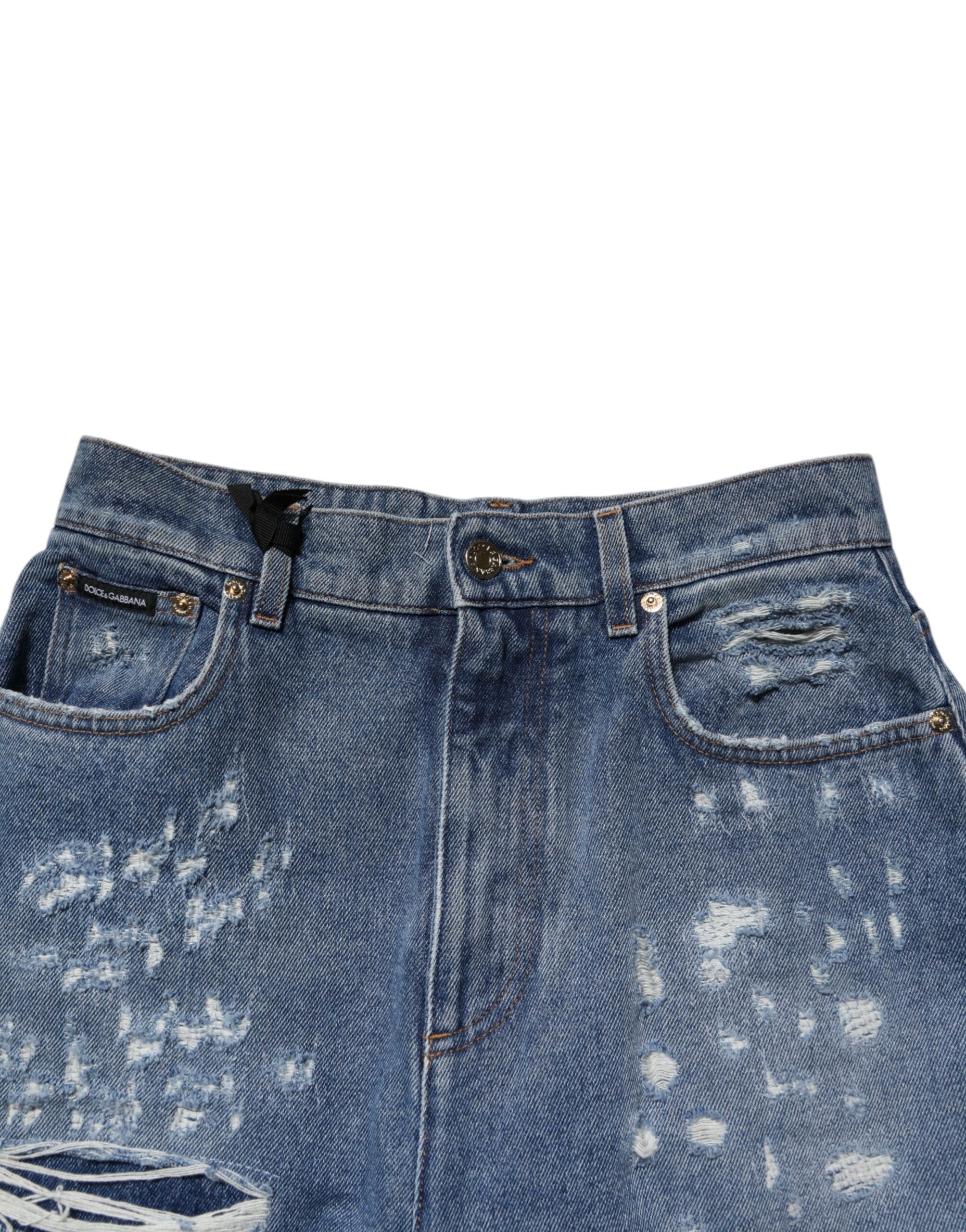 Pre-Owned Dolce & Gabbana Blue Tattered High Waist Women Denim Jeans