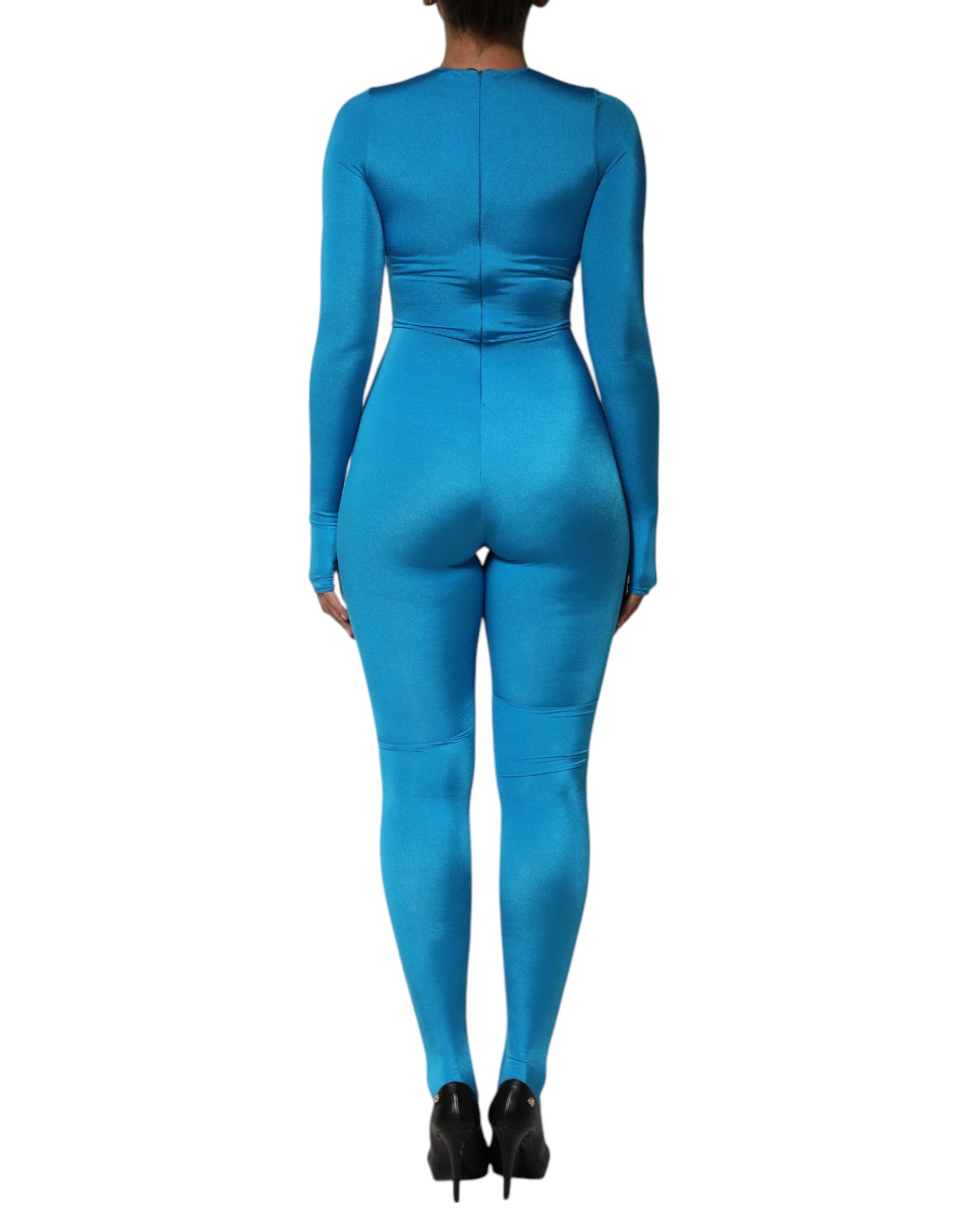 Dolce & Gabbana Blue Nylon Crew Neck Bodycon Jumpsuit Dress