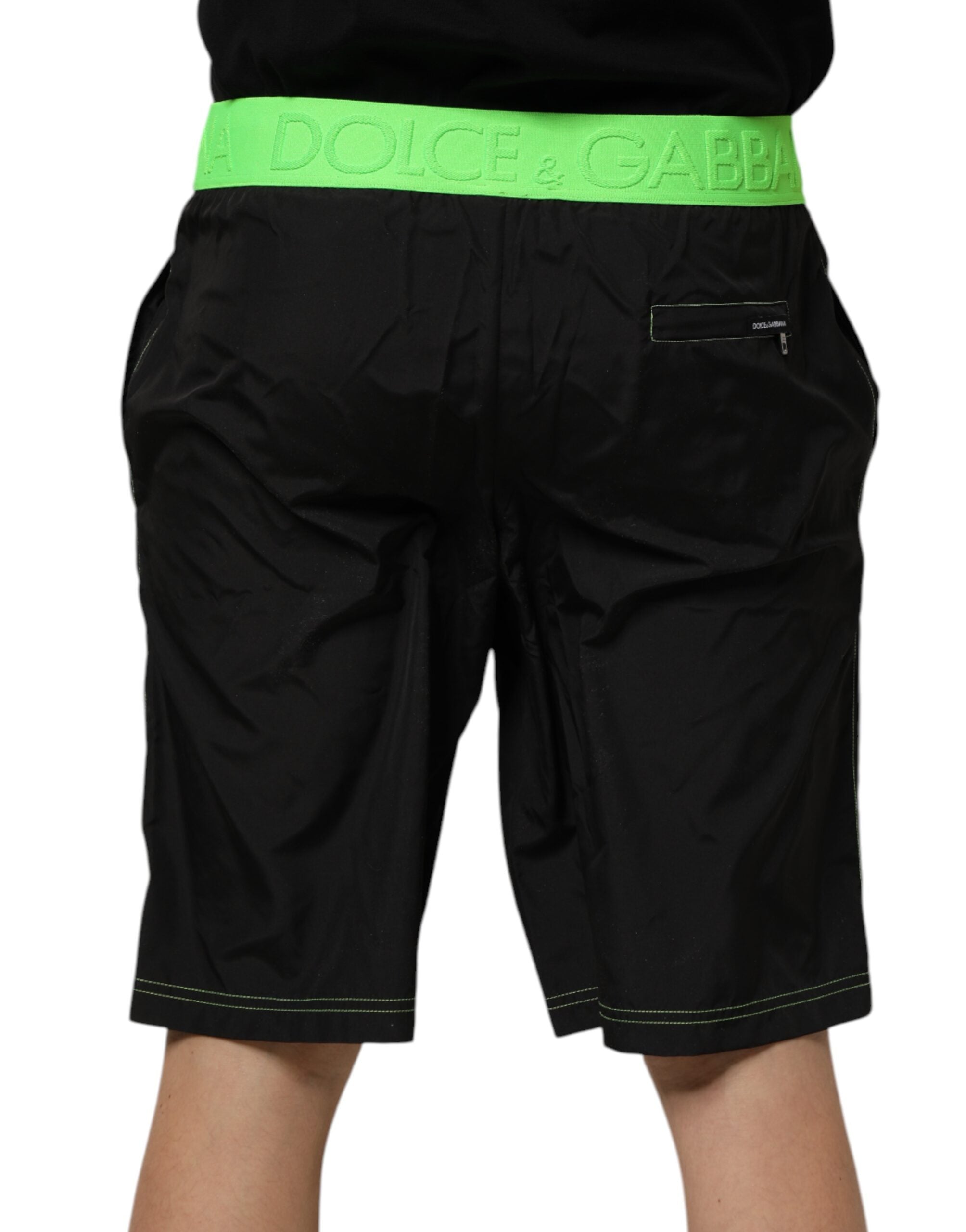 Dolce & Gabbana Black Green Logo Waistband Beachwear Short Swimwear
