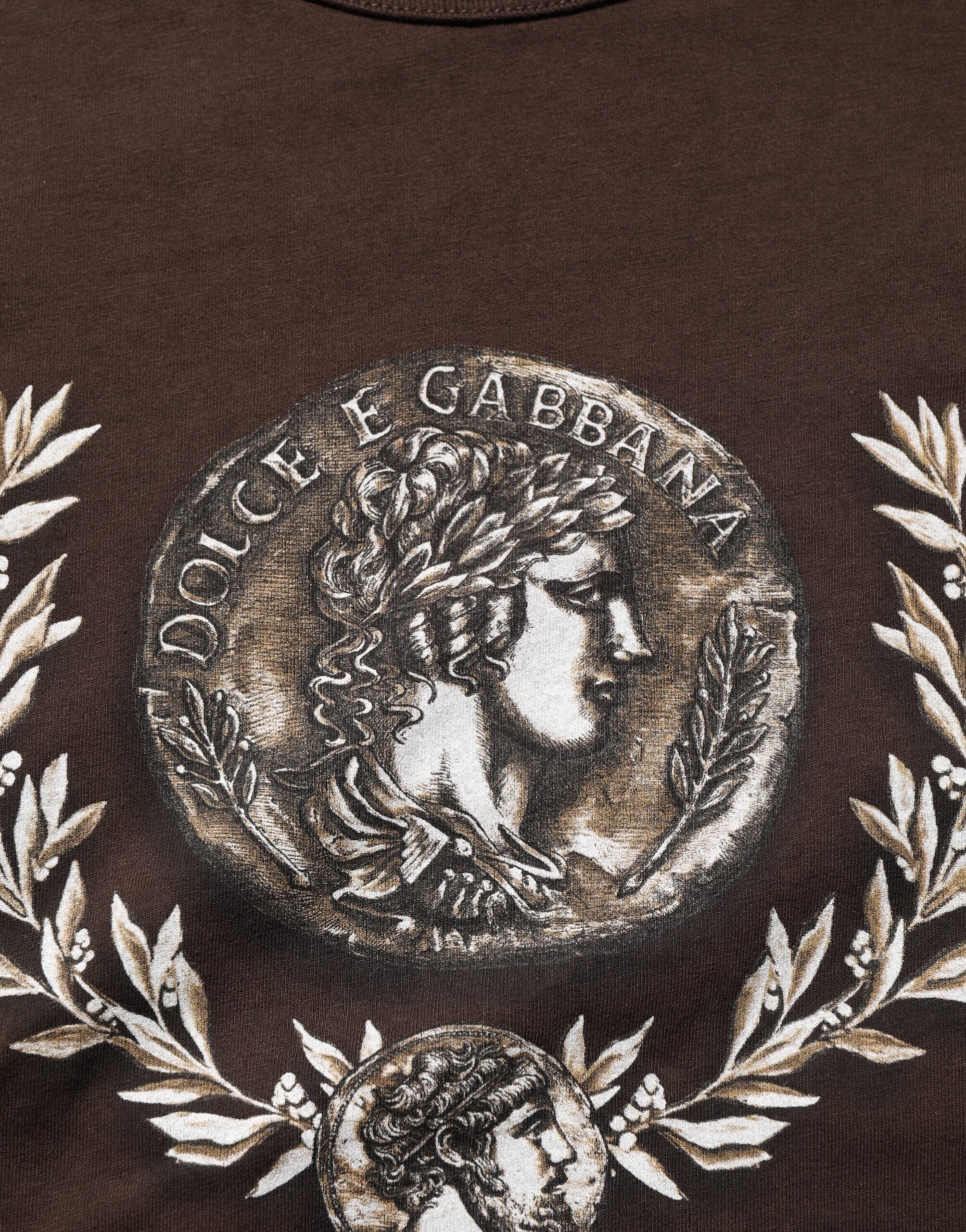Pre-Owned Dolce & Gabbana Brown Coin Laurel Print Men Crew Neck T-shirt