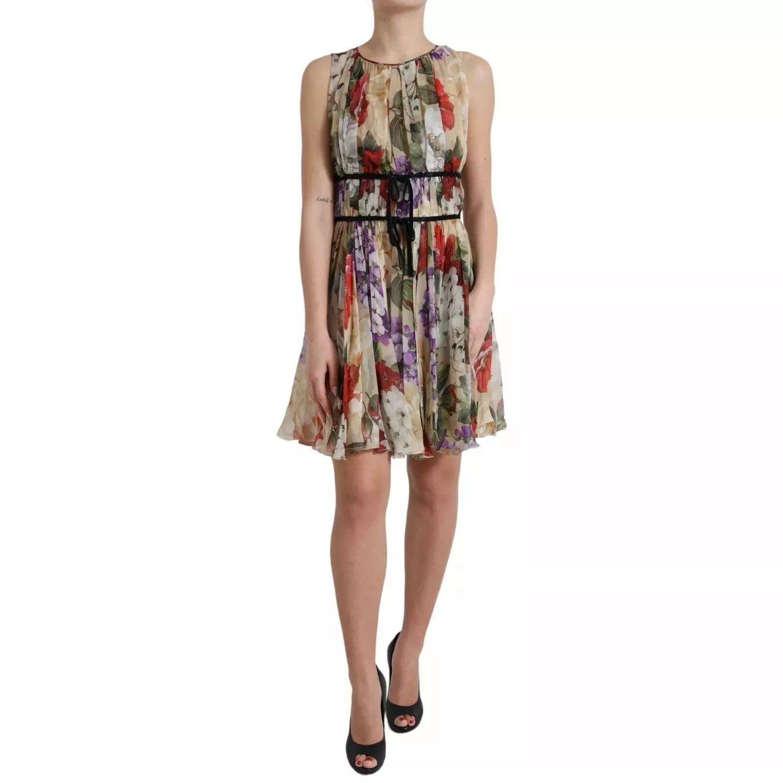 Pre-Owned Dolce & Gabbana Beige Floral Sleeveless A-line Mini Dress