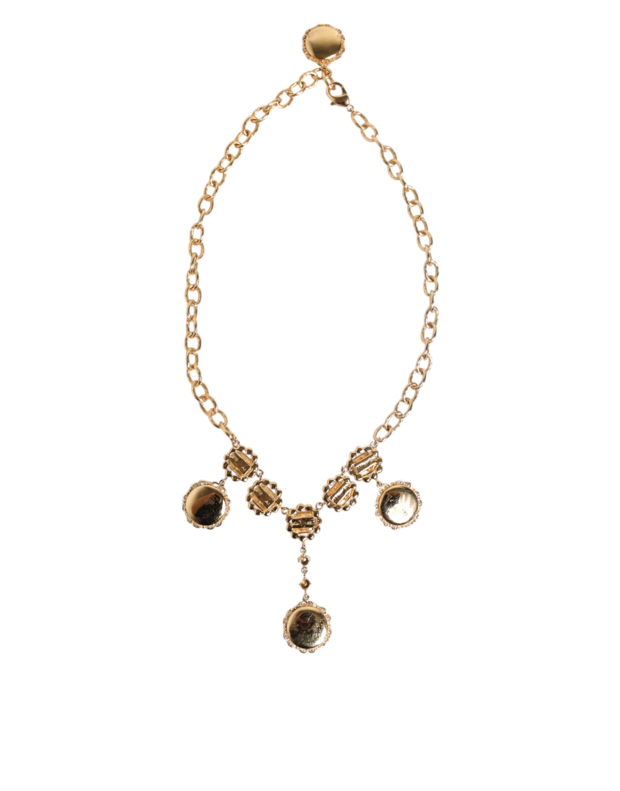 Dolce & Gabbana Gold Crystal Clock Pendant Statement Jewelry Necklace