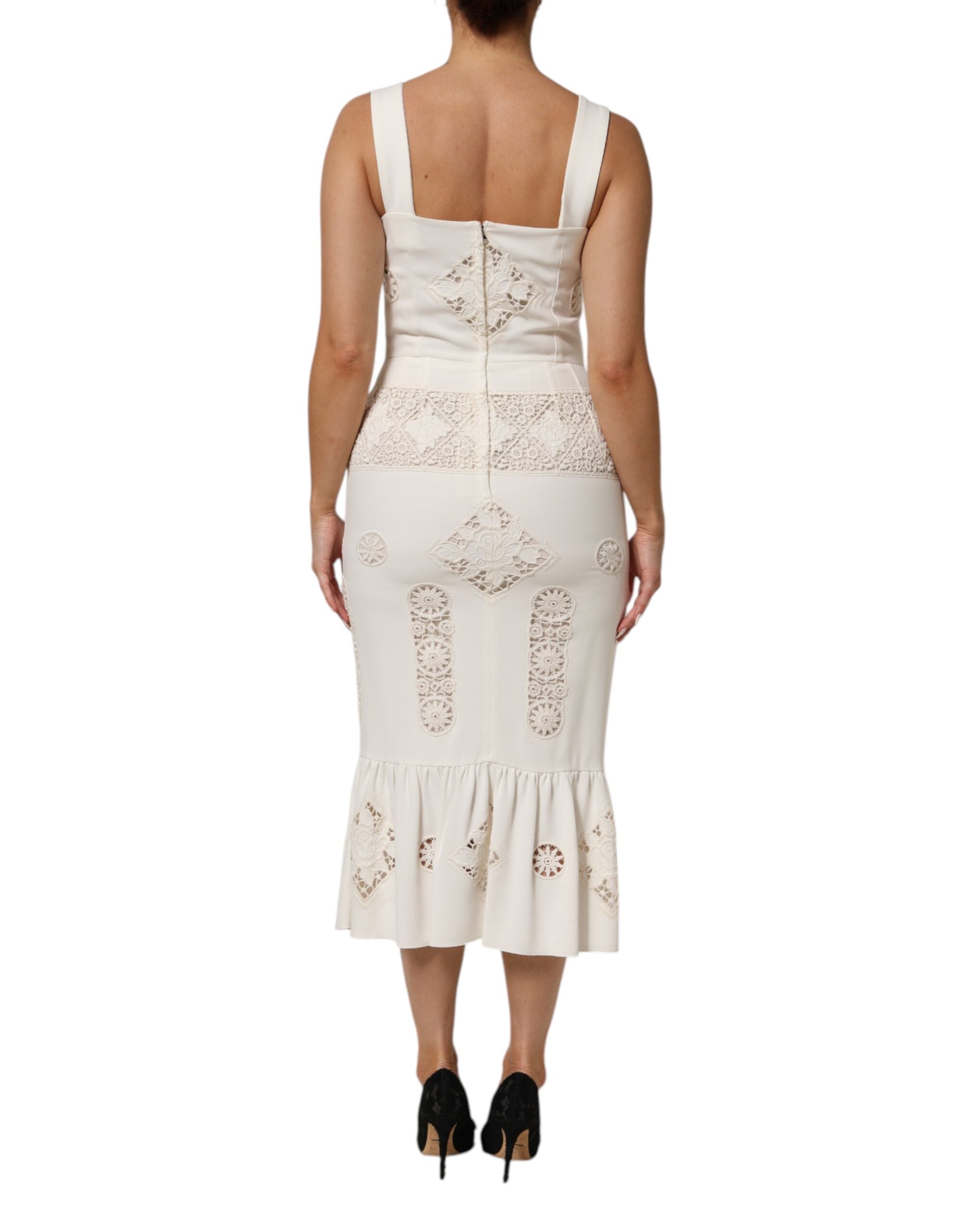 Pre-Owned Dolce & Gabbana White Floral Lace Sleeveless Midi Dress