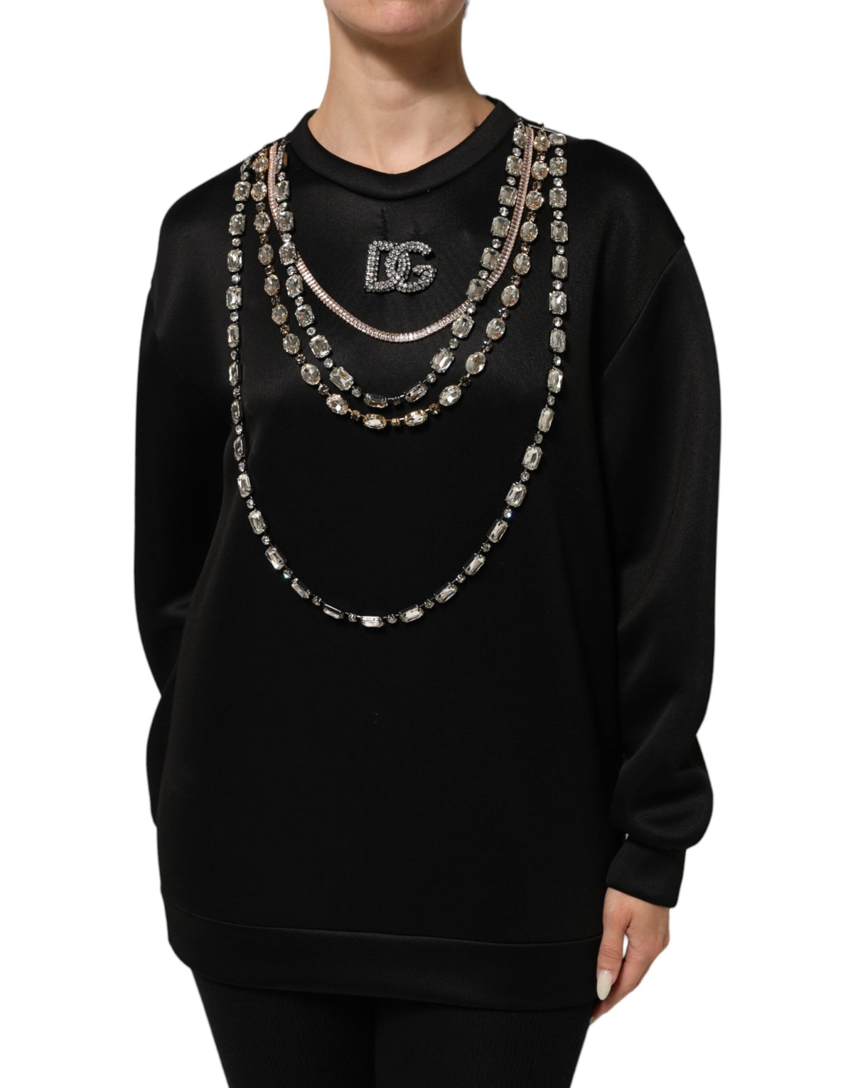 Dolce & Gabbana Black Necklace Crystal DG Logo Sweatshirt Sweater