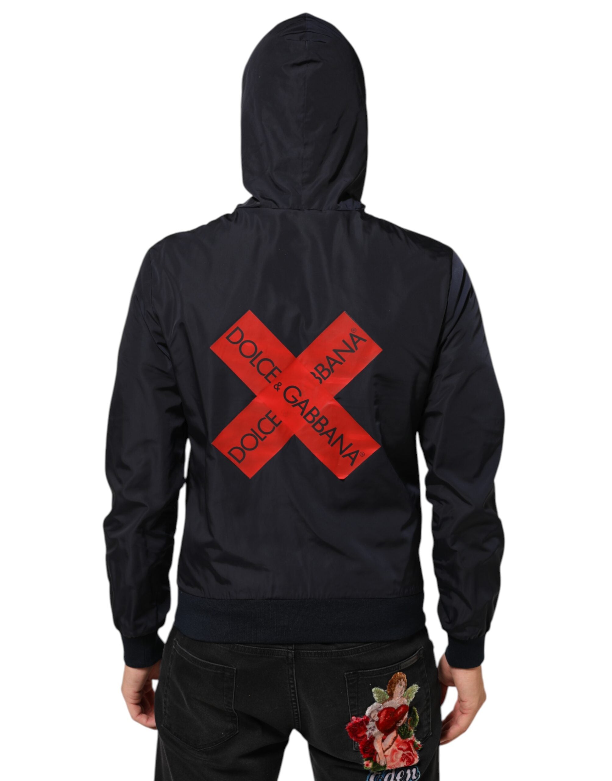 Dolce & Gabbana Blue Logo Tape Hooded Full Zip Bomber Jacket