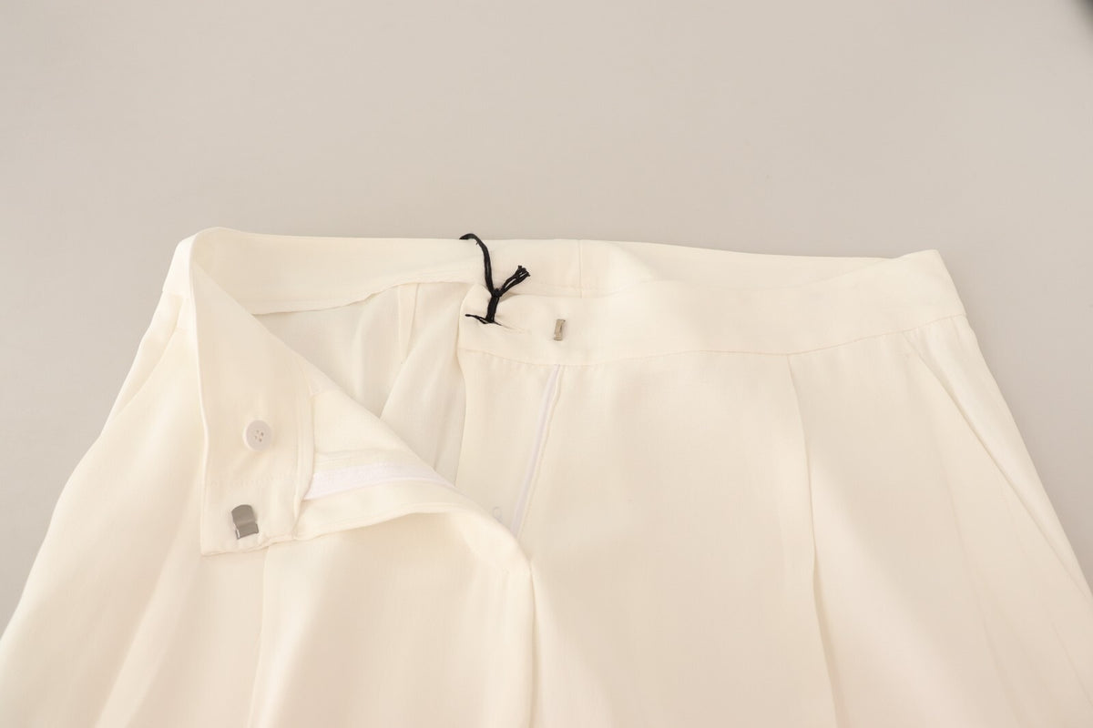 Tonello White High Waist Pleated Straight Formal Trouser Pants