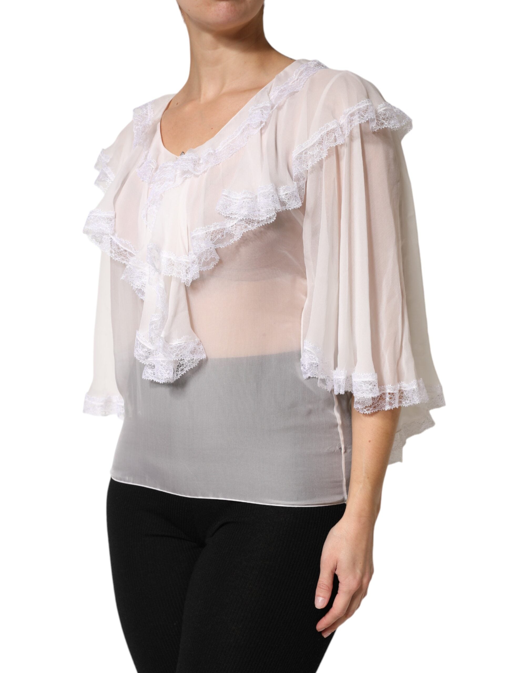 Pre-Owned Dolce & Gabbana White Ruffles Lace Long Sleeve Blouse Top