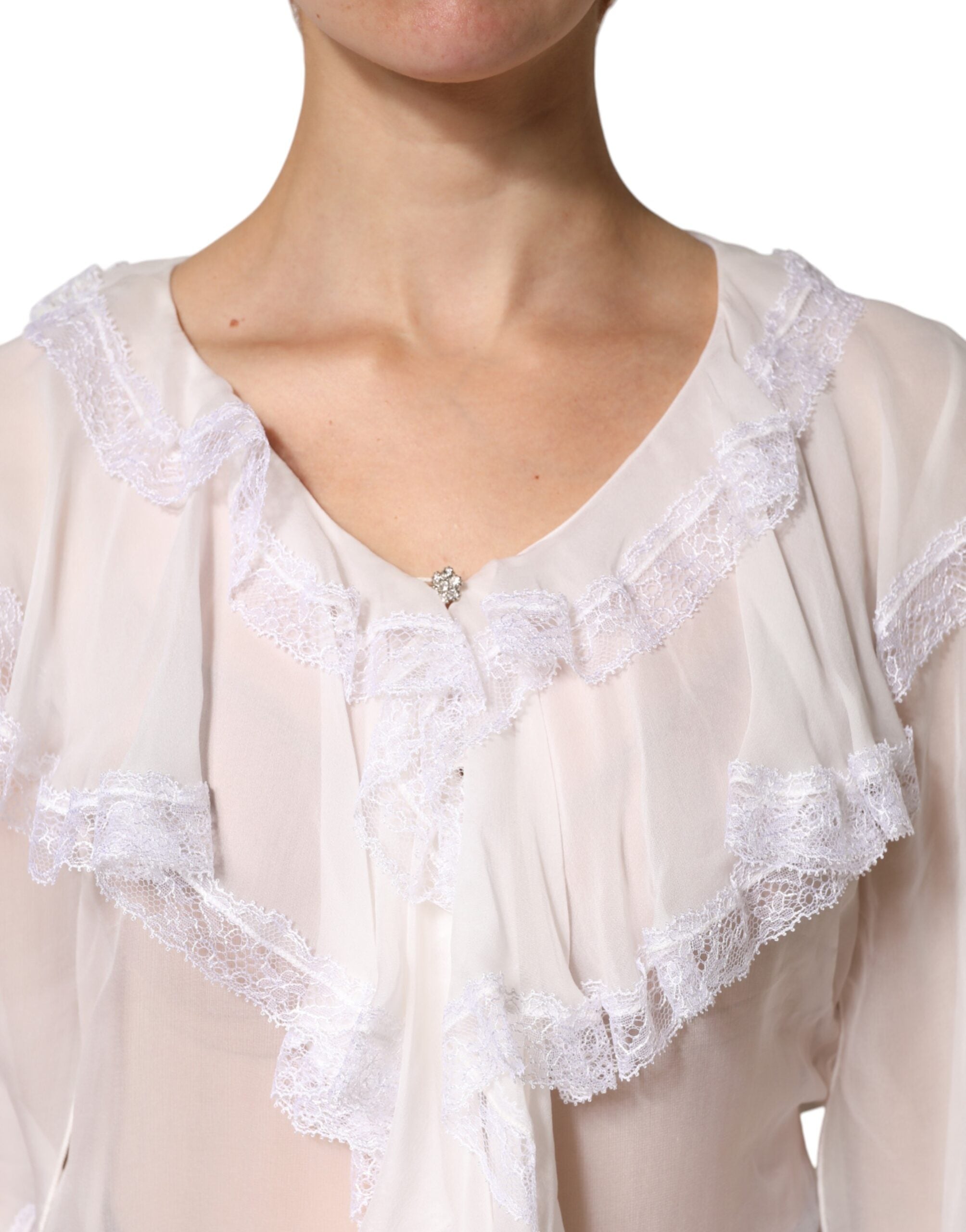 Pre-Owned Dolce & Gabbana White Ruffles Lace Long Sleeve Blouse Top