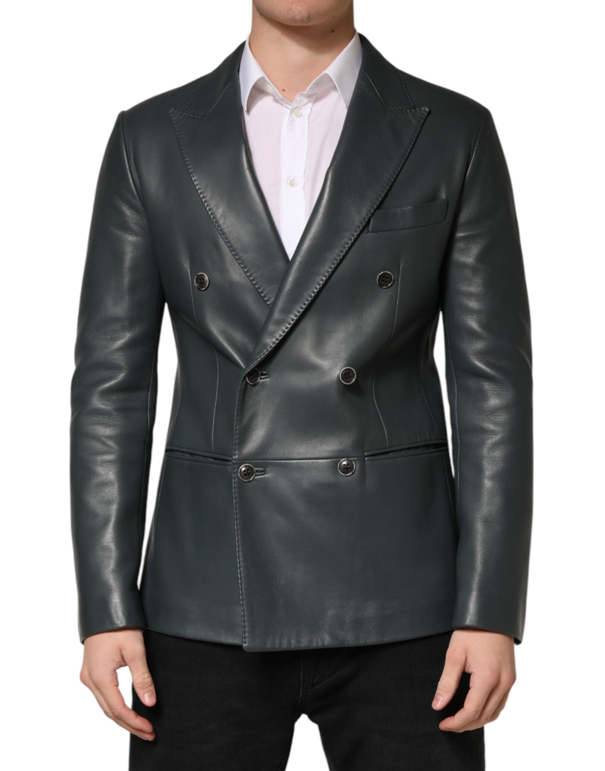 Dolce & Gabbana Dark Gray Leather Double Breasted 2Button Blazer