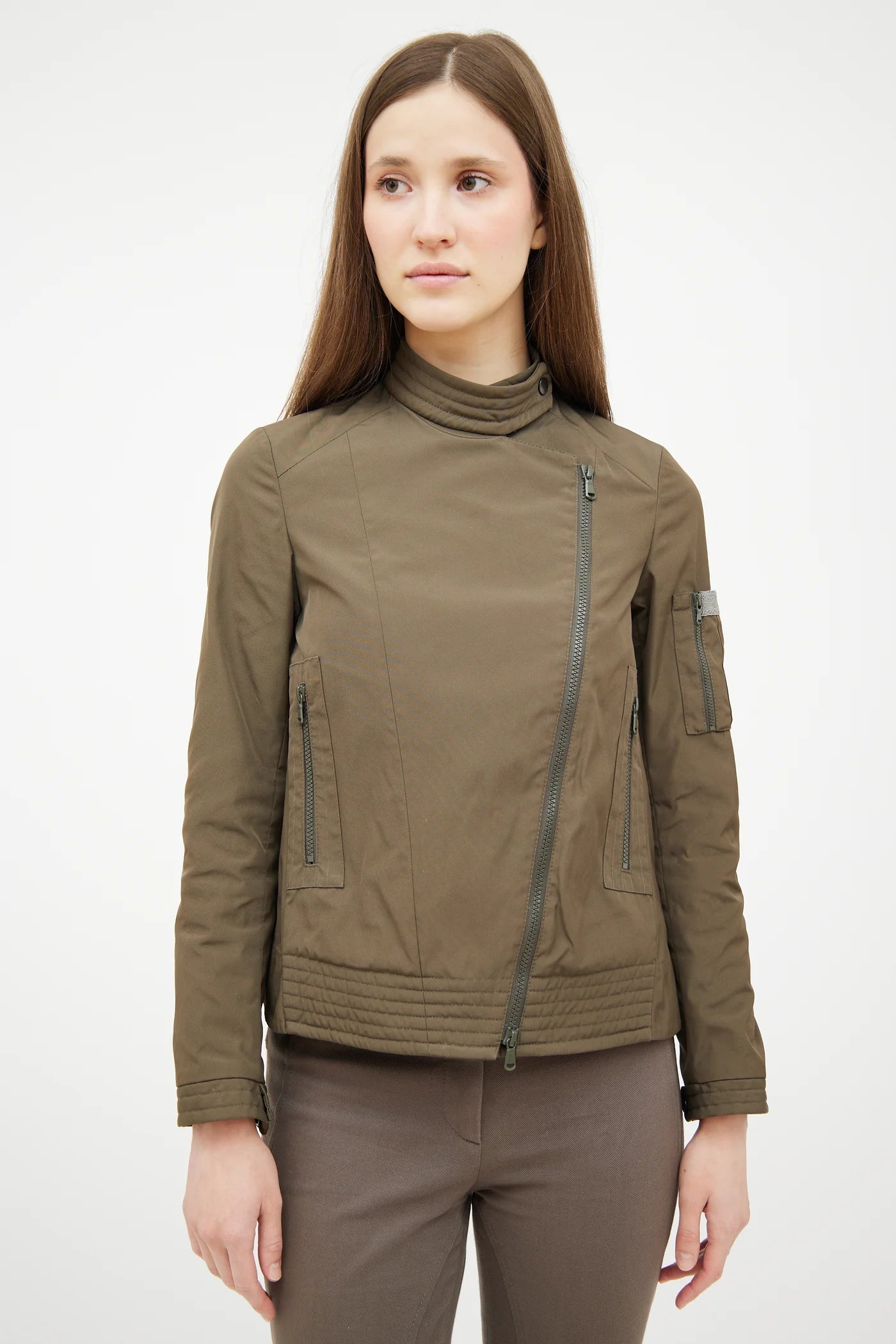 Brunello Cucinelli Olive Green Nylon Monilli Trim Jacket