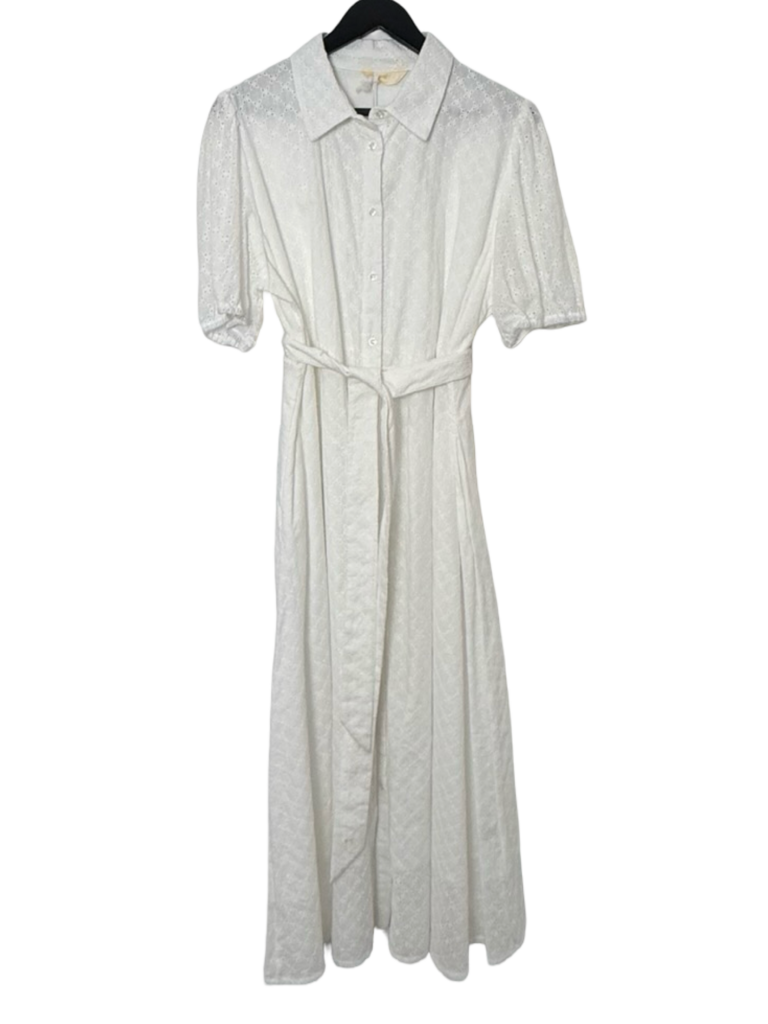 Sarta White Button-Up Midi Dress with Belt