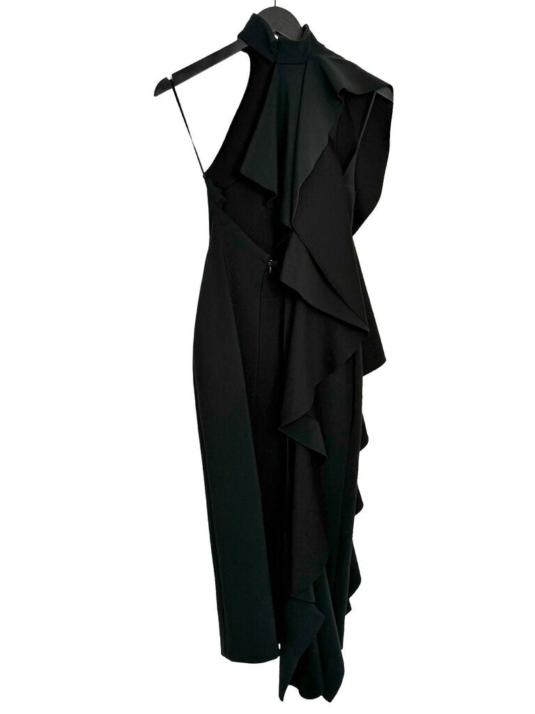Solace London Black Ruffled Asymmetric Maxi Dress