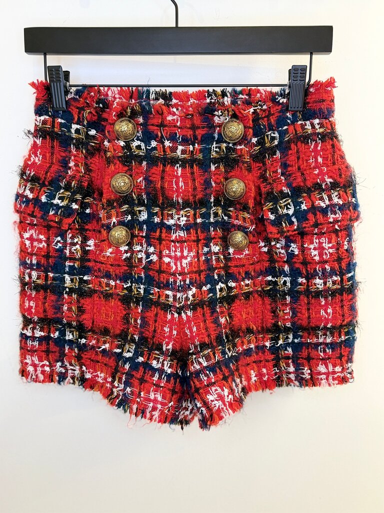 Pre-Owned Balmain Red and Navy Tweed High-Waisted Shorts