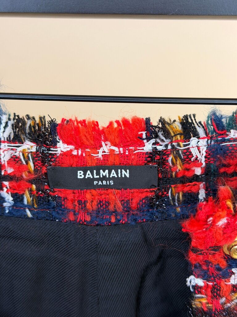 Pre-Owned Balmain Red and Navy Tweed High-Waisted Shorts